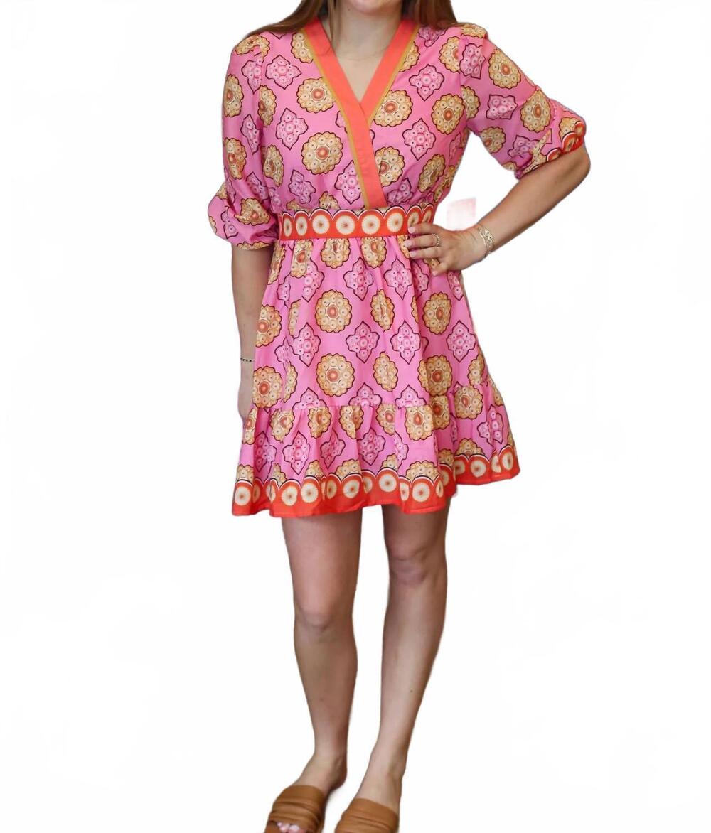 NEW FATE gathered sleeve smocked back mini dress in pink multi